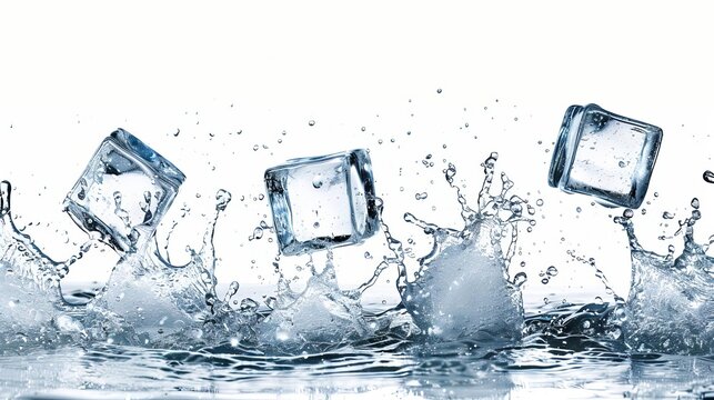dynamic splashing water with four flying ice cubes frozen in motion cut out on white background