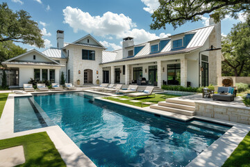 A large, beautiful pool in the backyard of an elegant Texas ranch home with green trees and blue sky.