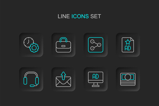 Set line Stacks paper money cash, Advertising, Mail and e-mail, Headphones, Share, Briefcase and Time management icon. Vector