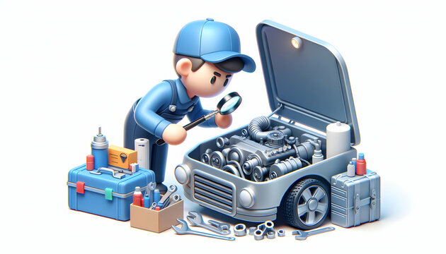 Mechanic Maintaining Vehicle with 3D Oil and Lubrication Icons in Daily Work Environment
