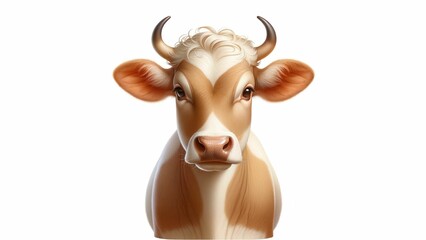 This cow is characterized by its light brown and white color. It has curved and slender horns. Its demeanor is calm and facing the camera. This indicates the gentle nature which is the general behavio