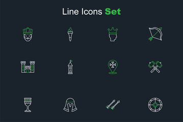 Set line Round shield, Medieval arrows, helmet, goblet, Crossed battle hammers, Crusade, Castle tower and icon. Vector - obrazy, fototapety, plakaty