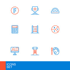 Set line Paint brush with palette, Law pillar, Online class, Pie chart infographic, Calculator, Abacus, Protractor grid and Award cup icon. Vector