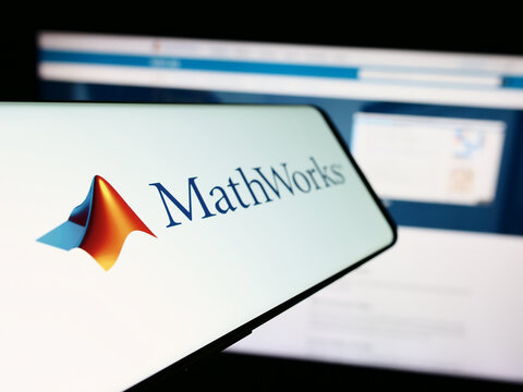 Stuttgart, Germany - 04-05-2024: Cellphone with logo of American computing software company The MathWorks Inc. in front of business website. Focus on left of phone display.