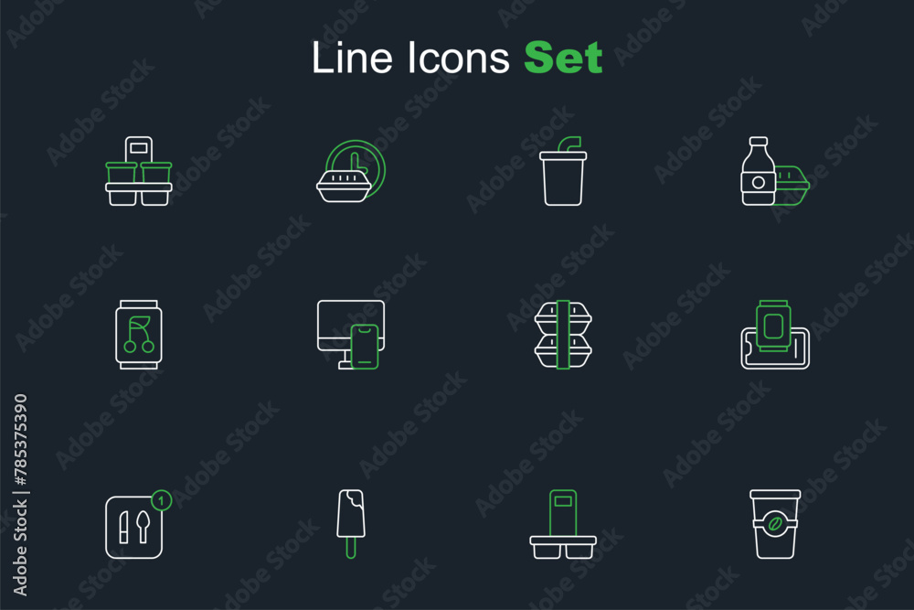 Wall mural Set line Coffee cup to go, Ice cream, Food ordering, on mobile, Lunch box, Online food and Soda can icon. Vector