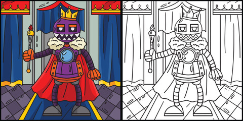 Robot with Crown and Scepter Coloring Illustration