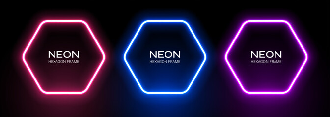 Neon light hexagon frame. Glow of shapes on a black background. Blue, pink and purple laser gradient effect. Vector set of fluorescent banners.
