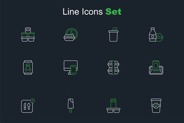 Set line Coffee cup to go, Ice cream, Food ordering, on mobile, Lunch box, Online food and Soda can icon. Vector