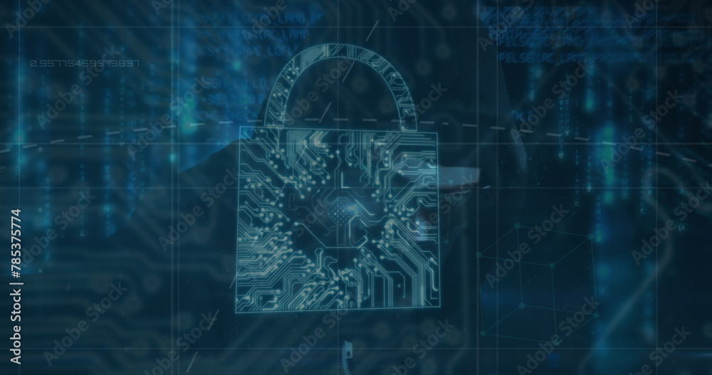 Poster image of security padlock icon and data processing over male hacker using laptop