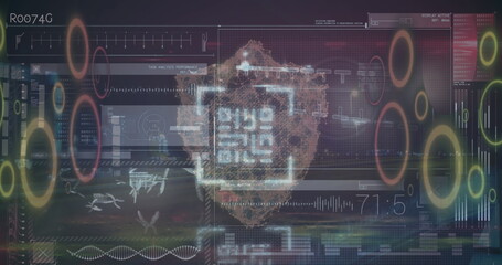 Image of data processing and digital human brain over black background