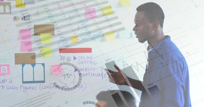 Image of data processing over diverse business people talking