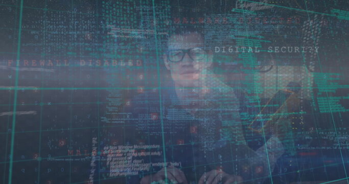 Image of cyber security data processing over portrait of male hacker using laptop
