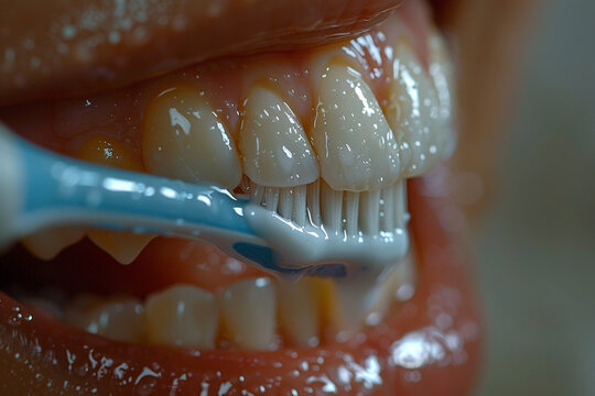 A close-up of someone brushing their teeth with a fluoride toothpaste, promoting regular dental hygiene practices
