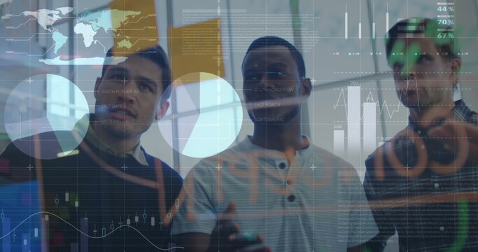 Statistical data processing against diverse office colleagues discussing together at office