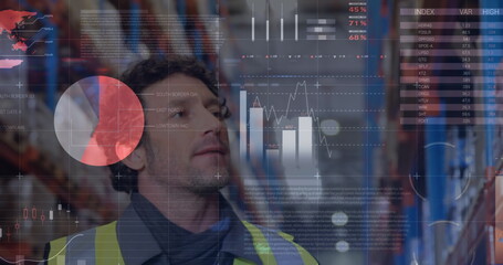 Obraz premium Image of statistical data processing over caucasian male worker checking stock at warehouse