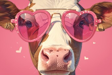 A cow wearing sunglasses against pink background, playful and humorous
