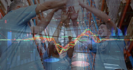 Image of financial graphs and data over diverse female and male warehouse workers