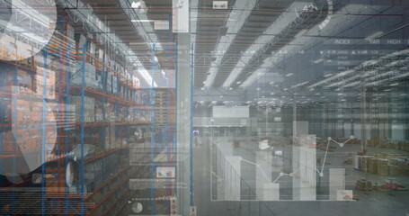 Image of financial graphs and data over warehouse