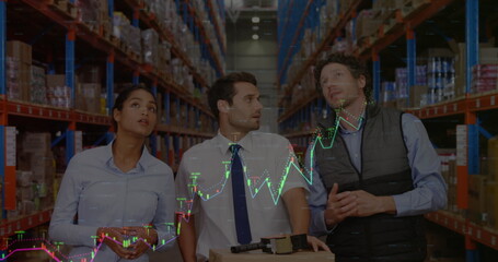 Image of financial graphs and data over diverse female and male warehouse workers