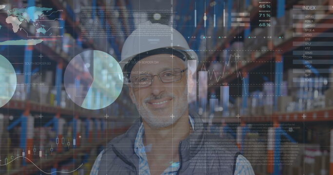 Image of financial graphs and data over caucasian senior male warehouse worker