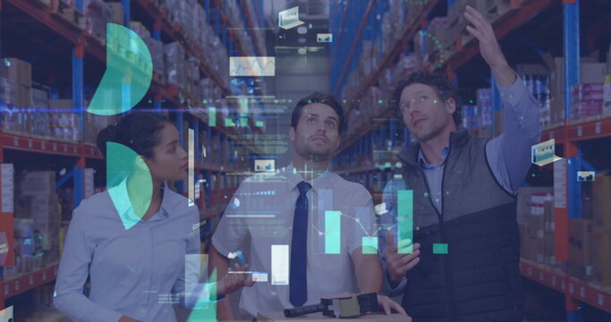 Image of financial graphs and data over diverse female and male warehouse workers