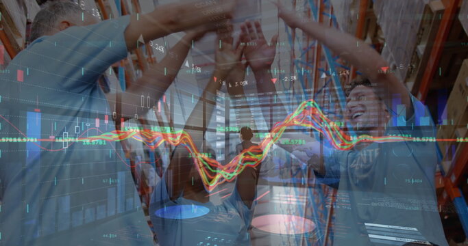 Image of financial graphs and data over diverse female and male warehouse workers