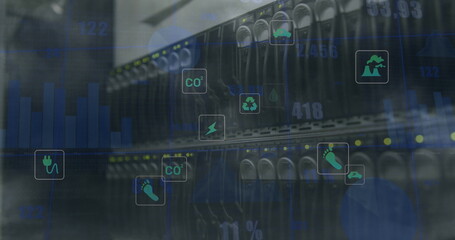 Image of icons and data processing over server room