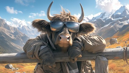 A cow wearing sunglasses with the mountains in his glasses