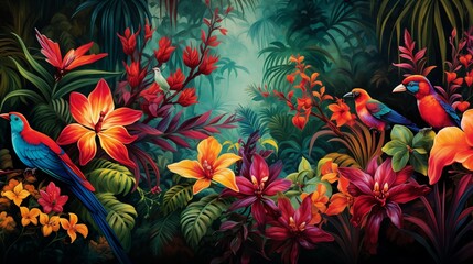 A lush tropical rainforest alive with the vibrant hues of exotic birds, butterflies, and flowers, each adding to the symphony of colors.