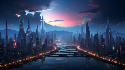 Fototapeta premium Futuristic city landscape with skyscrapers at night. 3D rendering
