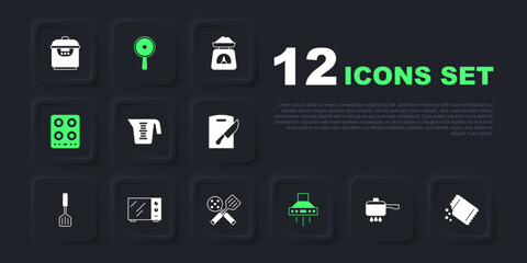 Set Cooking pot on fire, Packet of pepper, Measuring cup, Kitchen extractor fan, Gas stove, Microwave oven, Frying pan and Spatula icon. Vector