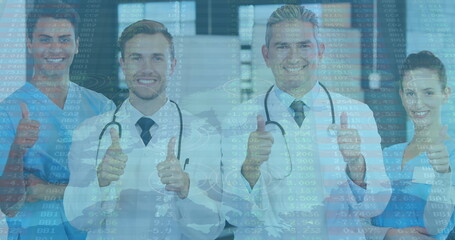 Data processing over portrait of team of medical health workers showing thumbs up at the hospital