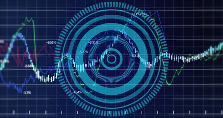 Image of financial graphs and processing circle on navy background