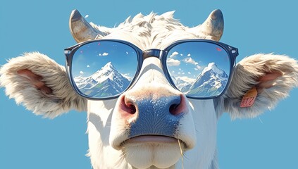 A cow wearing sunglasses with the Swiss Alps reflected 