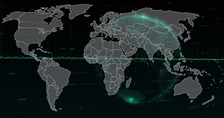 Image of world map, graphs and globe on black background