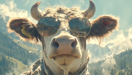 A cow wearing sunglasses with the mountains of watches reflected in them