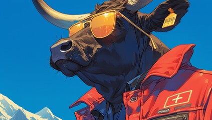A cow wearing sunglasses with the Swiss Alps reflected in them
