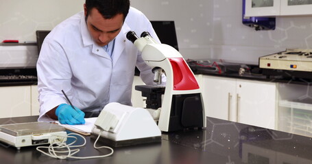 Image of chemical formulas over biracial male lab worker using microscope