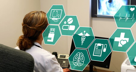 Image of scientific icons in hexagons over caucasian female lab worker using computer