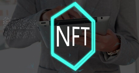 Image of nft text and data processing over caucasian businessman using tablet