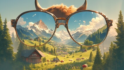 A cow wearing sunglasses with the Swiss Alps reflected in them, capturing an adventurous and stylish look