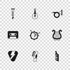 Set Guitar neck, Ancient Greek lyre, Keytar, Drum with drum sticks, Trumpet, Clarinet, Mandolin and Retro audio cassette tape icon. Vector