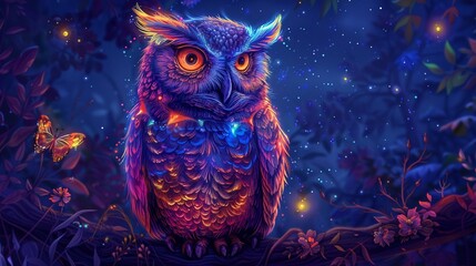 Obraz premium Neon glowing owl, vibrant and phantasmal iridescent hues, perched in a mystical night scene
