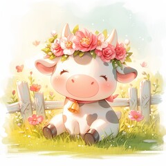 A cute baby cow with a flower crown on its head