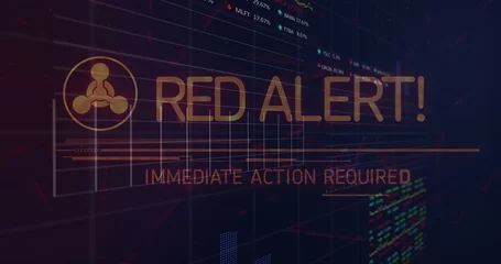  Image of red alert, graphs and financial data over navy background © vectorfusionart