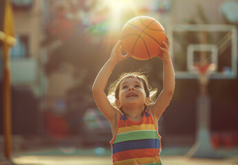 a happy young girl playing basketball, wearing a colorful t-shirt on the court with the sun shining...