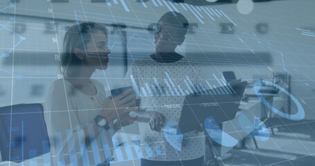 Image of financial data processing over diverse business people
