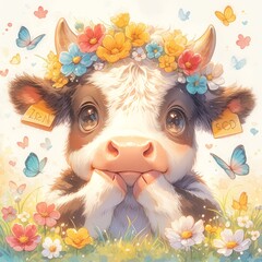 A cute baby cow with big eyes, wearing colorful flower wreaths on its head and surrounded by butterflies. 