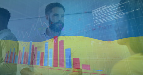 Image of financial data processing and flag of ukraine over diverse business people