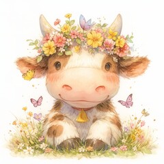 A cute baby cow with big eyes, wearing colorful flower wreaths on its head and surrounded by butterflies.
